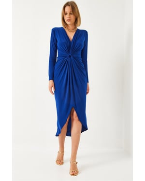 V-Ausschnitt Raffung Midi-Kleid