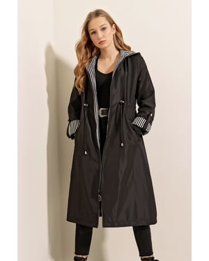 Hooded Striped Long Trenchcoat mit Kordelzug in der Taille