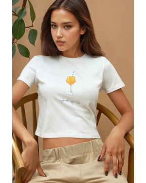 Hiccup Bedrucktes Crop-T-Shirt, Regular Fit, Rundhalsausschnitt, 100% Baumwolle - Weiß