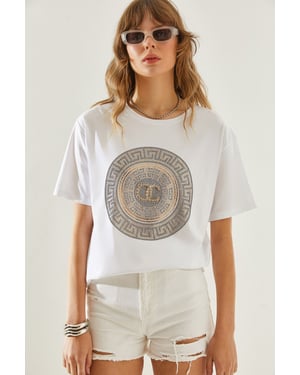 Gesticktes Bedrucktes Rundhals-T-Shirt
