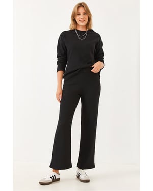 Rippenstruktur Crew-Neck Pullover und Hose Set
