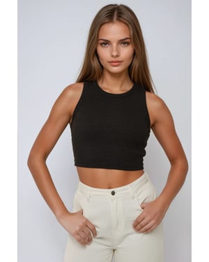 Rippstrick-Ärmelloses Cropped Top mit Rundhalsausschnitt