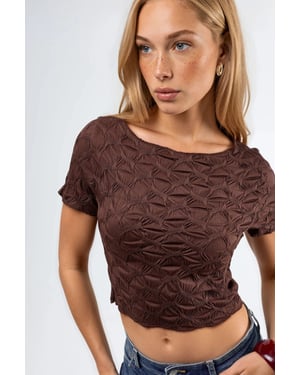 Kurzarm Texturiertes Bootsausschnitt Slim Fit Crop T-Shirt