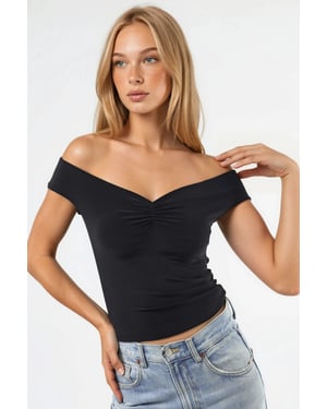Off-Shoulder Enganliegendes Sandfarbenes Crop Top