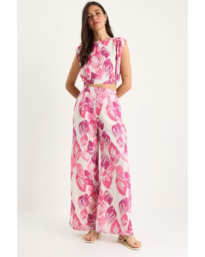 Blumenmuster Crop-Top und weite Hose Set