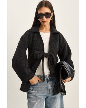 Strukturierter Übergroßer V-Ausschnitt Cardigan mit Bindegürtel