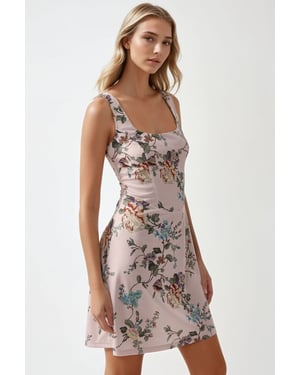 Hiccup Körperbetontes Minikleid mit quadratischem Kragen und floralem Print - Rosé