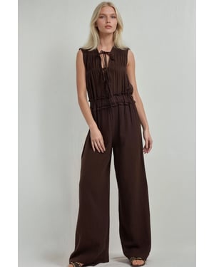Texturiertes Jumpsuit mit weitem Bein und Rundhalsausschnitt