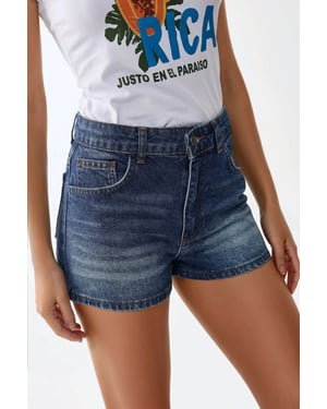 Hiccup High Waist Destroyed Denim-Shorts - Mittelblau
