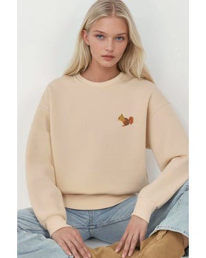Bequemes Tiermuster bestickter erhöhter Rundhalsausschnitt Sweatshirt