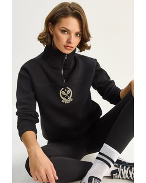 Bestickter Reißverschluss-Kragen Sweatshirt