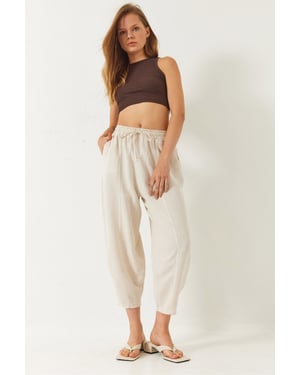 Weite Beinform Knöchellange Baumwollhose mit Taschen