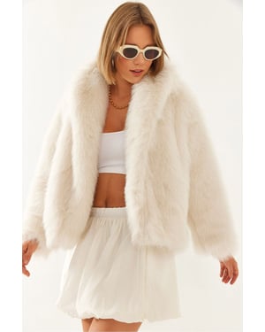 Faux Fur Verkürzter Offener Kragenmantel