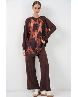 Oversize Tunika mit abstraktem Print und Hose Set