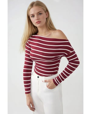 Gestreiftes Off-Shoulder Langarm-Rippstrickoberteil