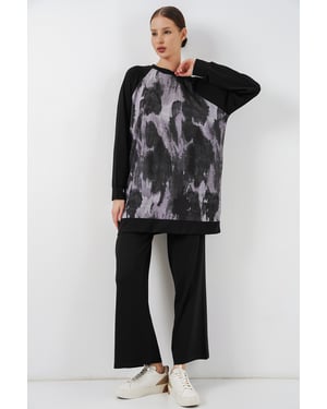 Oversize Abstrakter Druck Rundhals-Tunika & Hose Set