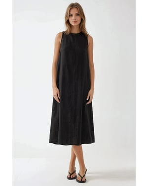 Leinen-Optik ärmelloses Midikleid mit Rundhalsausschnitt