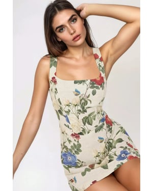 Mini-Kleid mit quadratischem Ausschnitt und Blumenmuster aus Leinen-Optik