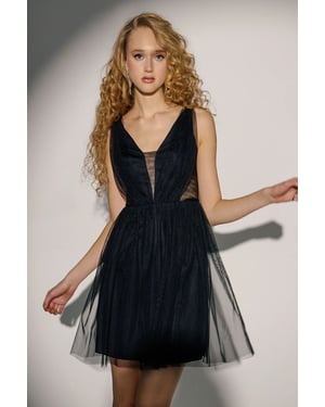V-Ausschnitt Gekleidetes Mini Skater Tüllkleid