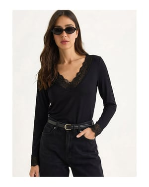 Bianco Lucci Bluse mit Spitzen-Details und V-Ausschnitt - Schwarz