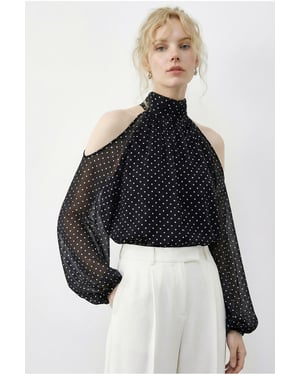 Polka-Dots Chiffon-Turtleneck-Bluse mit Ausschnitt