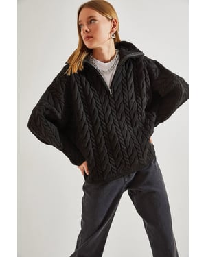 Oversized Haar- und Bart-Pullover mit Reißverschlusskragen