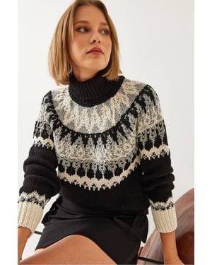 Rollkragen-Jacquard-Strickpullover