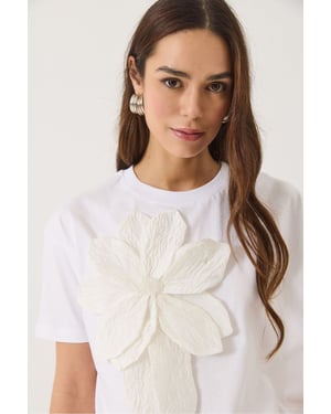 Blumenmuster Rundhals-T-Shirt mit Accessoire-Detail