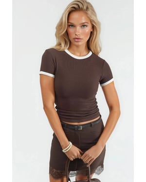 Rippstrick Rundhals Kurzarm-T-Shirt