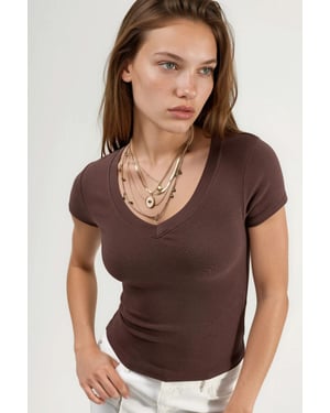 Elastisches V-Ausschnitt Kurzarm-T-Shirt
