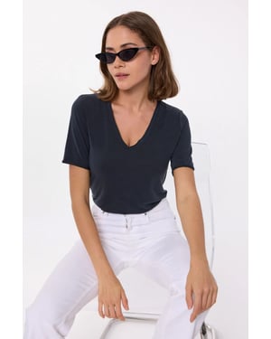 Lässiges V-Ausschnitt Kurzarm-T-Shirt