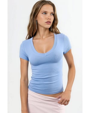 Elastisches V-Ausschnitt Kurzarm-T-Shirt