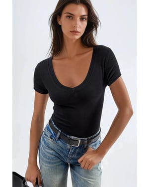 Elastisches V-Ausschnitt Kurzarm-T-Shirt