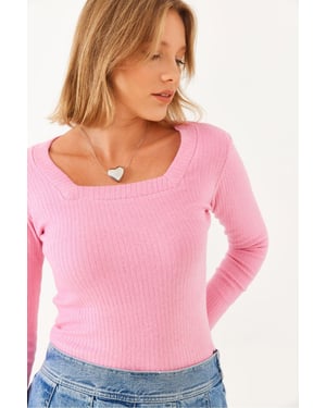 Figurbetontes Langarmtexturiertes Crop-T-Shirt mit U-Ausschnitt