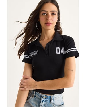 Bedrucktes Polo-Kragen Tailliertes Crop-Top T-Shirt