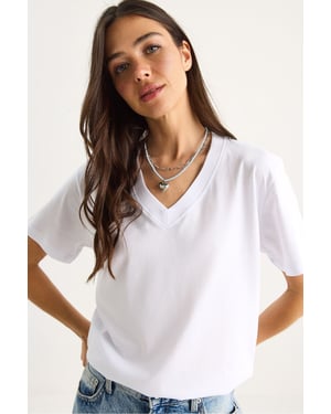 Komfort Fit V-Ausschnitt Kammgarn Baumwoll-T-Shirt