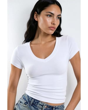 Elastisches V-Ausschnitt Kurzarm-T-Shirt