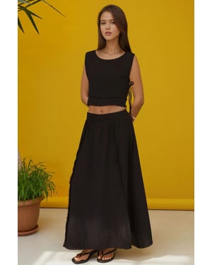 Elastischer Taillenrock mit seitlichem Bindeband-Bluse Muslin Set