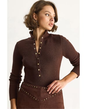 Taillierte Langarm-Strickbluse mit Druckknopfverschluss