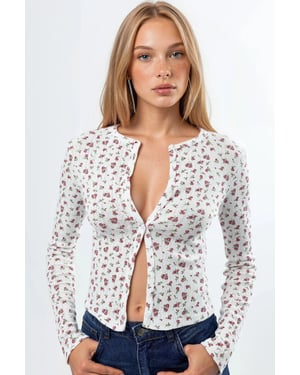 Blumenribbed Crop-Bluse mit Knopfverschluss