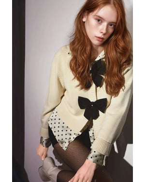 Dicker Strick-Crewneck-Cardigan mit Schleifendetail