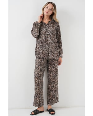Leopardenmuster Hemd mit Knopfleiste und weite Satin-Hosen im 2-teiligen Set