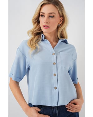Leinenmix Kurzarm Button-Up Cropped Hemd