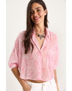Blumen-Jacquard Kurzarm Hemd mit Knopfleiste und Tasche