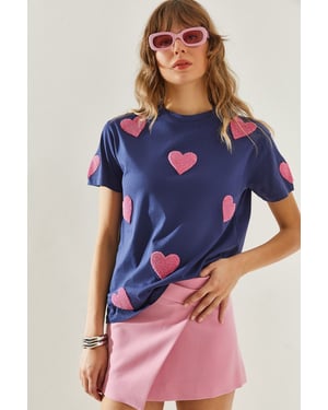 Herz-Muster Besticktes Rundhals T-Shirt