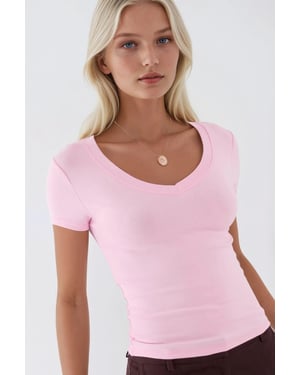 Elastisches V-Ausschnitt Kurzarm-T-Shirt