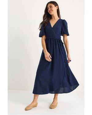 Strukturiertes V-Ausschnitt Midikleid mit Wickelverschluss