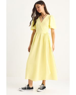 Strukturiertes V-Ausschnitt Midikleid mit Wickelverschluss