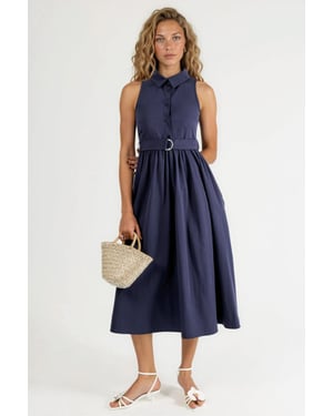 Busem Geknotetes Hemdkragen-Midikleid mit Taillengürtel - Marineblau