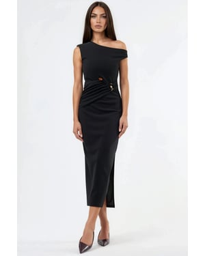 Busem Asymmetrisches Kragen-Midi-Kleid mit Accessoire-Details - Schwarz